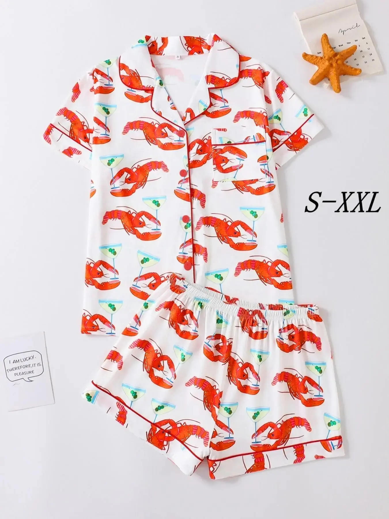 Women's Lobster Print Shirt & Elastic Waist Shorts Pyjama, Casual Comfy Short Sleeve Collared Button Top & Shorts PJ Set, Ladies Sleepwear for Summer, Loungewear, Pajamas Sets