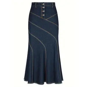 Chic Plus Size Denim Skirt with Front Button Detail - Casual & Elegant, Stretchy Cotton Blend, Machine Washable - Perfect for Spring/Summer/Fall