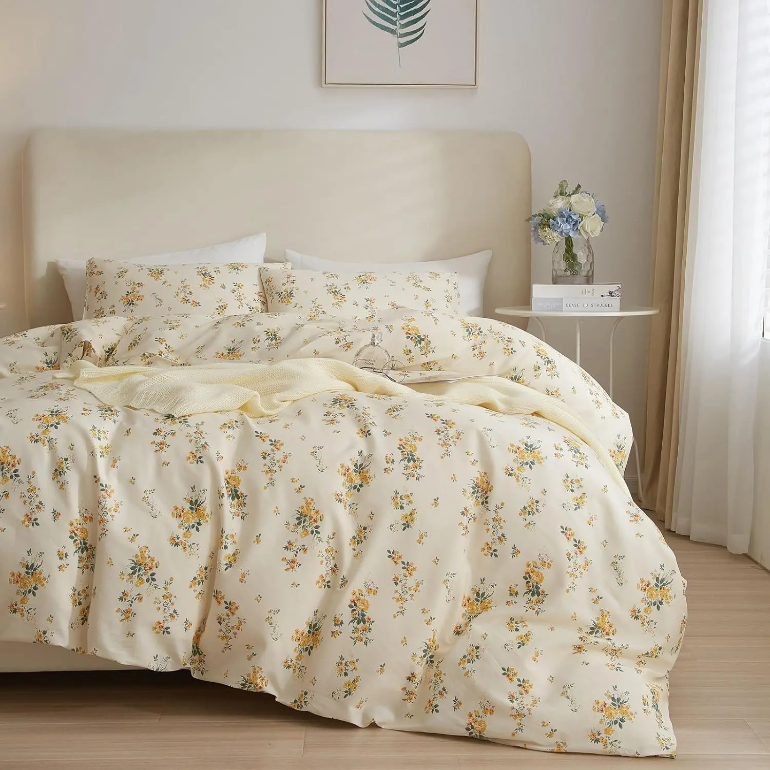 Vintage Yellow Flower Comforter Queen Fluffy Floral Comforter Boho Flower Leaves Botanical Comforter Cottagecore Aesthetic Floral Comforter Queen Size for
