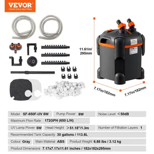 VEVOR Aquarium Filter 172GPH, Canister Filter 30 Gallon, Ultra-Quiet Internal Aquarium Filter with UV Protection, Submersible Power Filter with Multiple Function for Fish Tanks, 8W