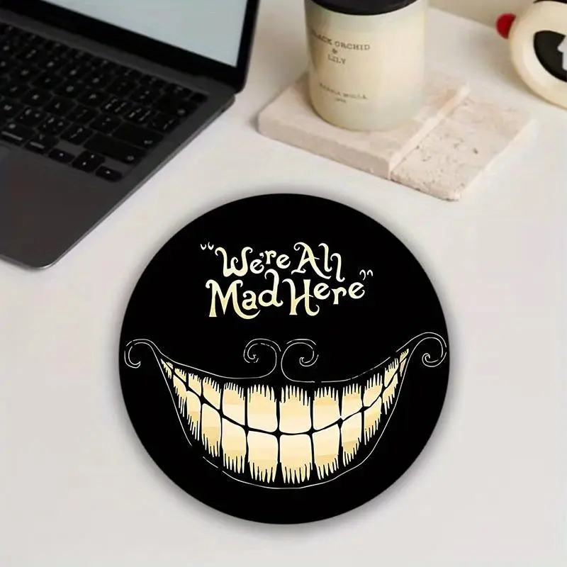 We're All Mad Here Letter Pattern Round Mouse Pad, 1 Count Non-slip Rubber Base Mouse Pad, Small Mousepad, Mouse Mat for Gaming PC Computer, Laptop &