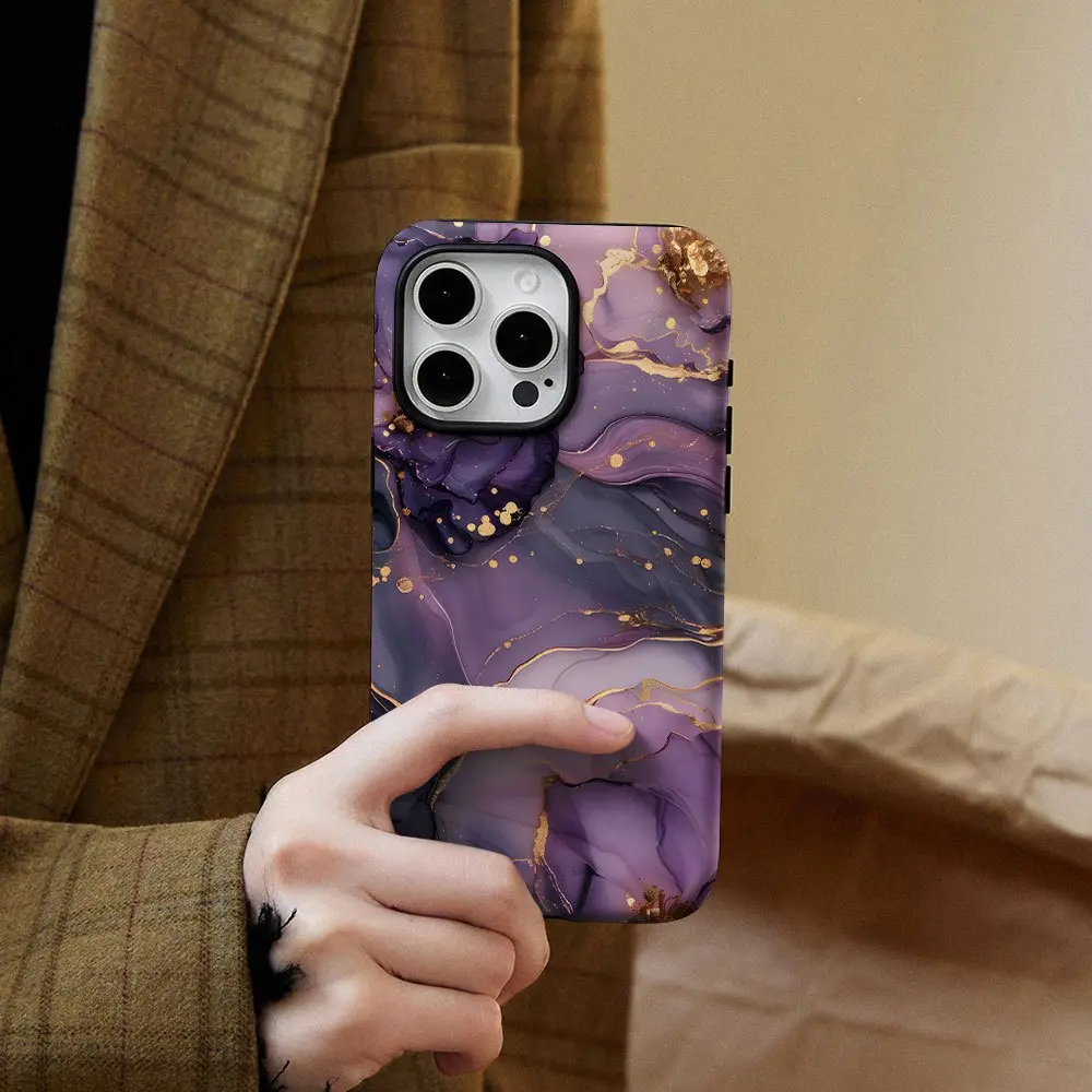 Phone Case: Purple Marble Golden Border, Chic Pattern, Glossy 2-in-1 Case, Tough, Dual Layered Case for Durable, Drop Proof, for iPhone 17 Air 16 15 14 Pro MAX 13 12 11 Plus X Xs Max XR 8 7
