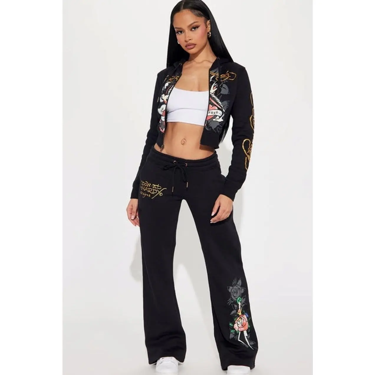 Women's Ed Hardy Graphic Swallow Bird Wide-Leg Sweatpants - Black G, Polyester-Cotton Blend, Drawstring Design, Wide-Leg Sweatpants Pants