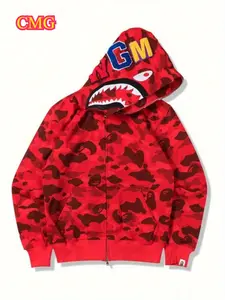 CMG Men's & Unisex Shark Graphic Zipper Hoodie Jacket, 3D Shark & Ape/Human Design Loose Fit Batwing Sleeves, Red with Black Camo Print, Machine Washable Casual Outerwear