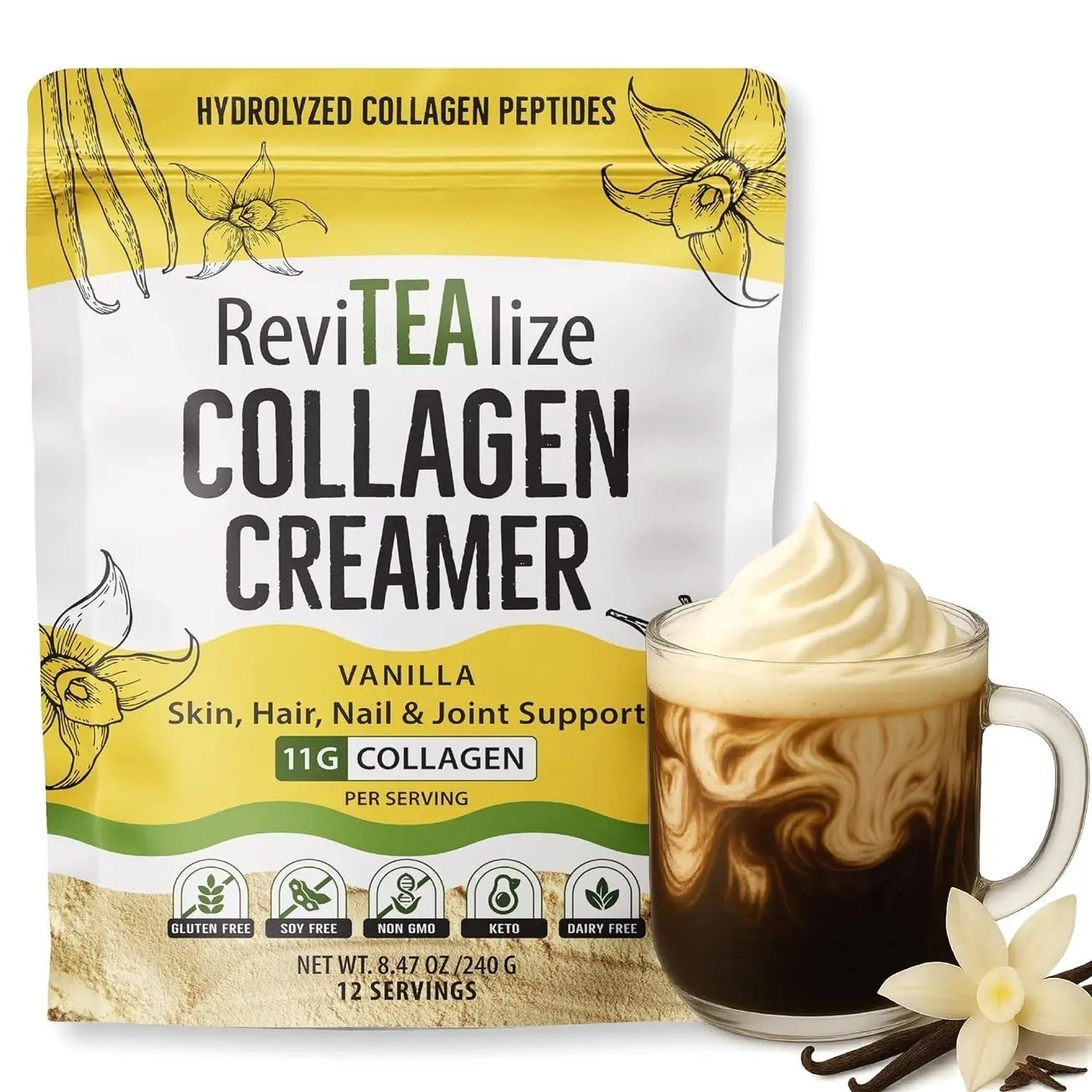 ReviTEAlize Collagen Creamer for Coffee - Grass Fed Collagen Peptides Powder with MCT Oil for Hair, Skin, Nails & Joint Support | Gluten Free, Dairy Free, Sugar Free & Keto Friendly | 11g of Protein Per Serving | Vanilla