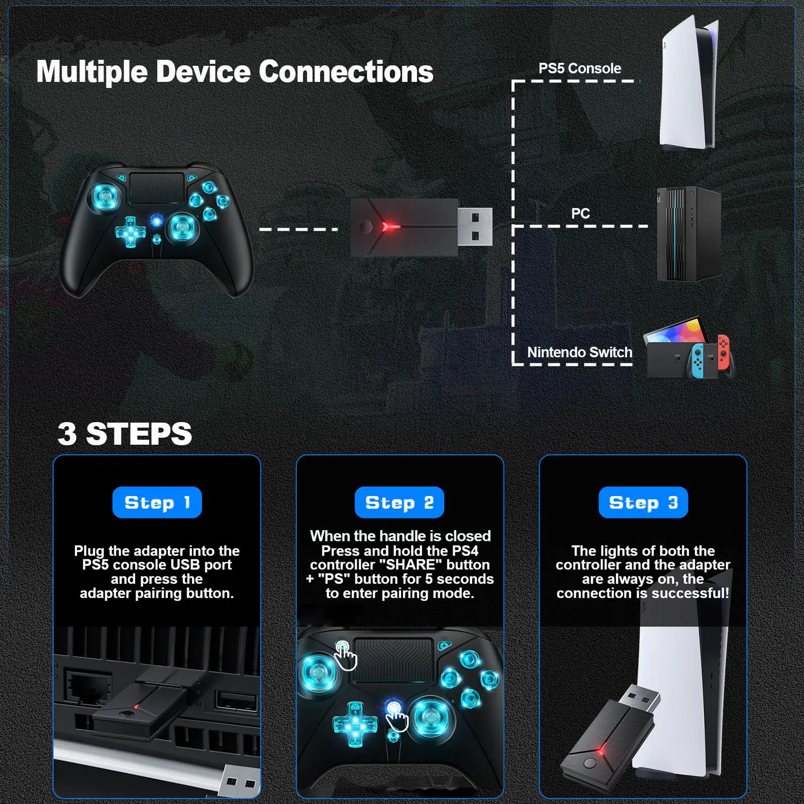 Wired Controller for PS5, PC Game Controller Compatible with Playstation  5/Slim/Pro and Steam, Built-in 1000mAh Charging Battery with Enhanced Dual  Vibration/6-Axis Motion Sensor/ Touch Pad Accessories Console Connection  Smartphone - TikTok Shop
