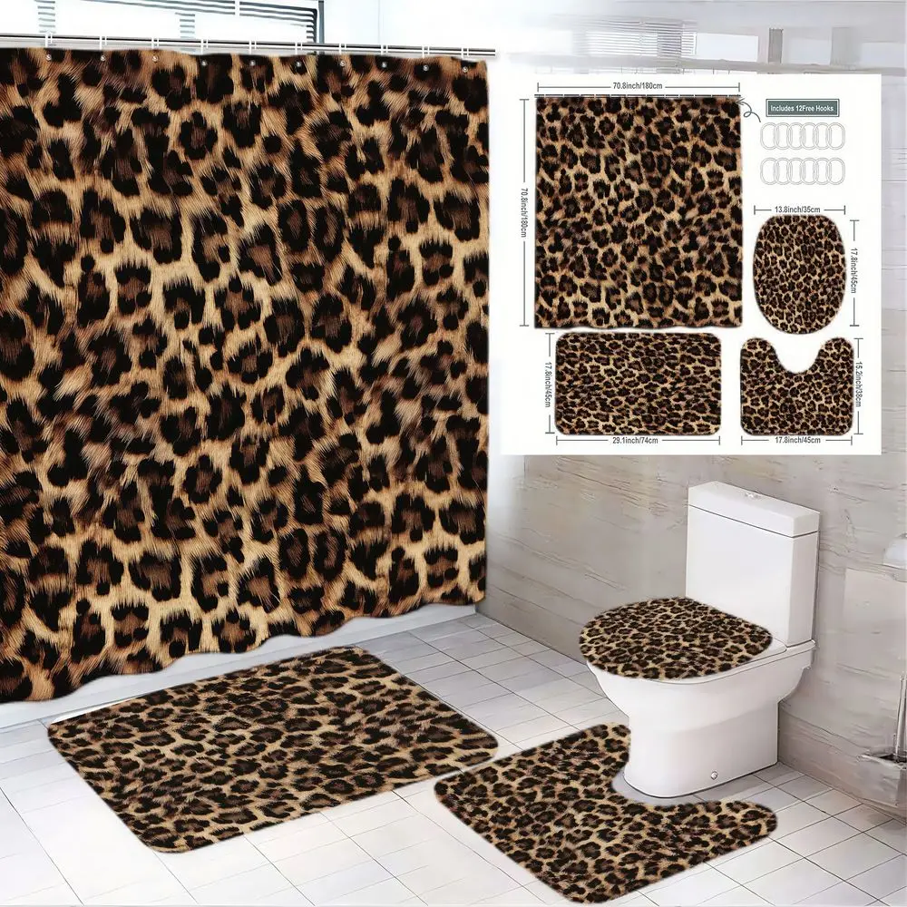 1/4pcs Leopard Print Bathroom Set Shower Curtain + 2 Bath Mats + Toilet Seat Cover, Shower Curtain Sets, Beige Brown Spots Wild Theme Decor, Bathroom Decoration Accessories - Perfect for Animal Lovers, Ideal for Home Upgrades, Housewarming Gift