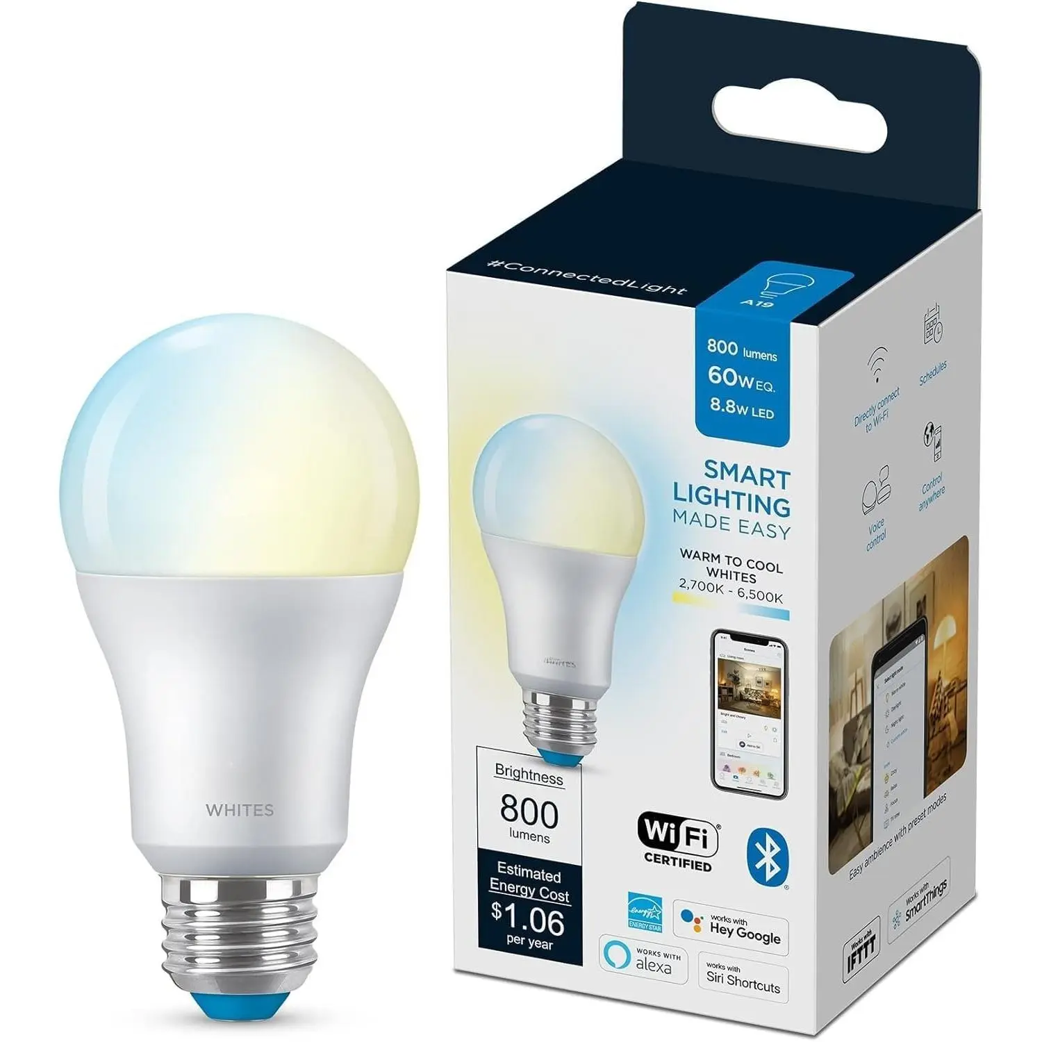 WiZ 60W A19 Tunable White Dimmable LED Smart Bulb - Pack of 1 - E26 Base - Indoor Interior LED Lighting - Wi-Fi Connectivity - Voice/App Control - Motion Activation - Matter Compatible, Dimmable Led Lights