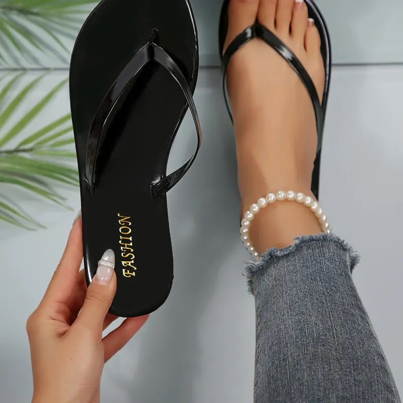 Classic Shiny Flip Flops Shoes, Glossy Design, Open Toe, Flat Sole, Lightweight, Perfect for Beach Vacation & Daily Wear