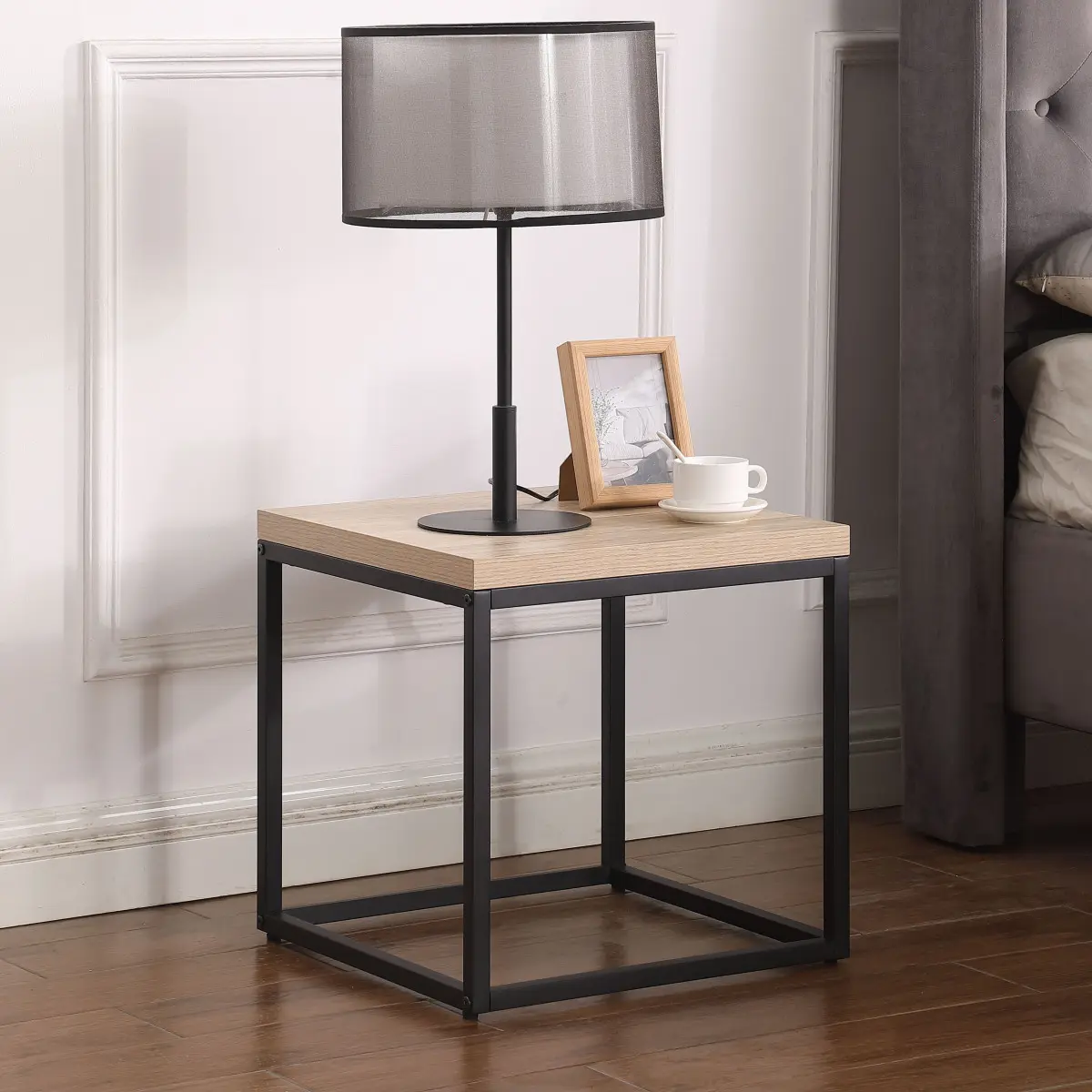 17.7*17.7*17.7 Inch Industrial Black Steel‑Accent Square Side Table, Compact 2‑Tier Storage End Table Nightstand for Living Room Bedroom Entryway