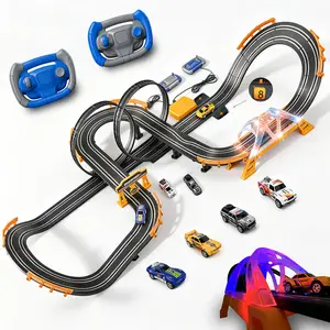 Electric Slot Car Race Track Sets with 4 High-Speed Racing Slot Cars Dual Racing Game with 2 Controllers Circular Overpass Track Featuring Flash Bridge Pendulum Gifts Toys for Boys Kids Age 6 7 8-12
