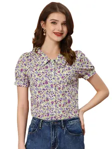 INSPIRE CHIC Puff Sleeves Shirt Point Collar Top Button Down Floral Blouse