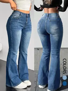 Women's High Waist Stretchy Denim Flare Leg Jeans - 80s Style, Bleach Wash, Butt Lifting, Bootcut Elastic Trouser, Trendy Minimalist Streetwear Bottoms for Outdoor Activities