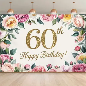60th Birthday Backdrop Banner - Elegant Floral Design with Pink Roses, Golden Glitter "60" & Green Leaves, Durable Photo Booth Background for Indoor/Outdoor Parties, Anniversaries, Milestone Decor, Happy Birthday Banner Flower Ornaments
