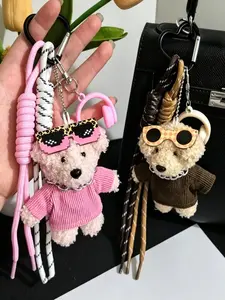 Cute Cartoon Dog Sunglasses Plush Bear Keychain, Boho Braided Rope Pendant, Perfect for Bags and Backpacks, Casual Style Accessory