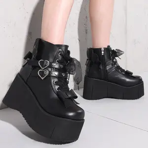 CYNLLIO Womens Ankle Platform Boots Round Toe Chunky Heels Zipper Closure Gothic Heart Buckle Strap Wedge Motorcycle Booties Rivora Shoes