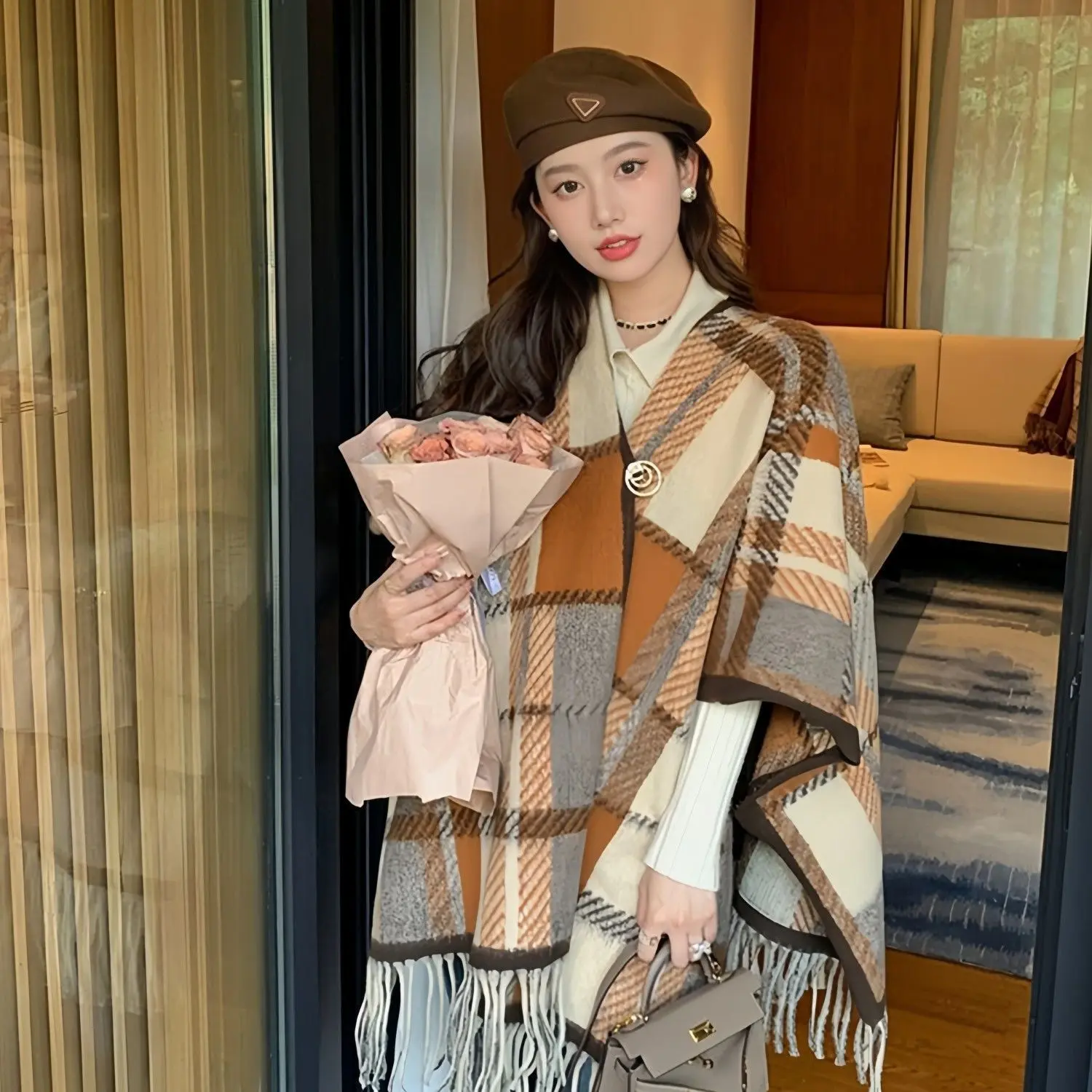 Checkered shawl   coffee color