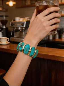 Icy Gradient Blue Acrylic Elastic Bangle,Unique Spliced Beaded Bracelet,Edgy Street Style Jewelry
