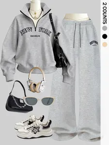 Women's Fashion Casual Loose Fit Letter Print Hoodie and Straight Leg Pants Set, Fall & Winter Essential Two-Piece