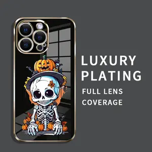 Luxury Plating TPU Mobile Phone Case for iPhone 16 Pro Max 15 14 Plus 13 12 Mini 11 Promax X XS XR xsmax Skull Pumpkin Pattern Classic Square Deisgn Lightweight Soft Cellphone Cover for Boy