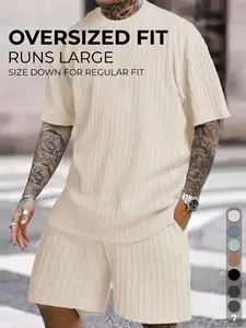 Men's Loose Fit 2-Piece Summer Set, Oversized Textured Knit Tee with Relaxed Fit Drawstring Shorts