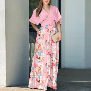 ChicMe Women's 2 Pieces V Neck Short Sleeve Ruched Top and Floral Print Pocket Design Wide Leg Pants Sets for Wedding Guest & Wedding