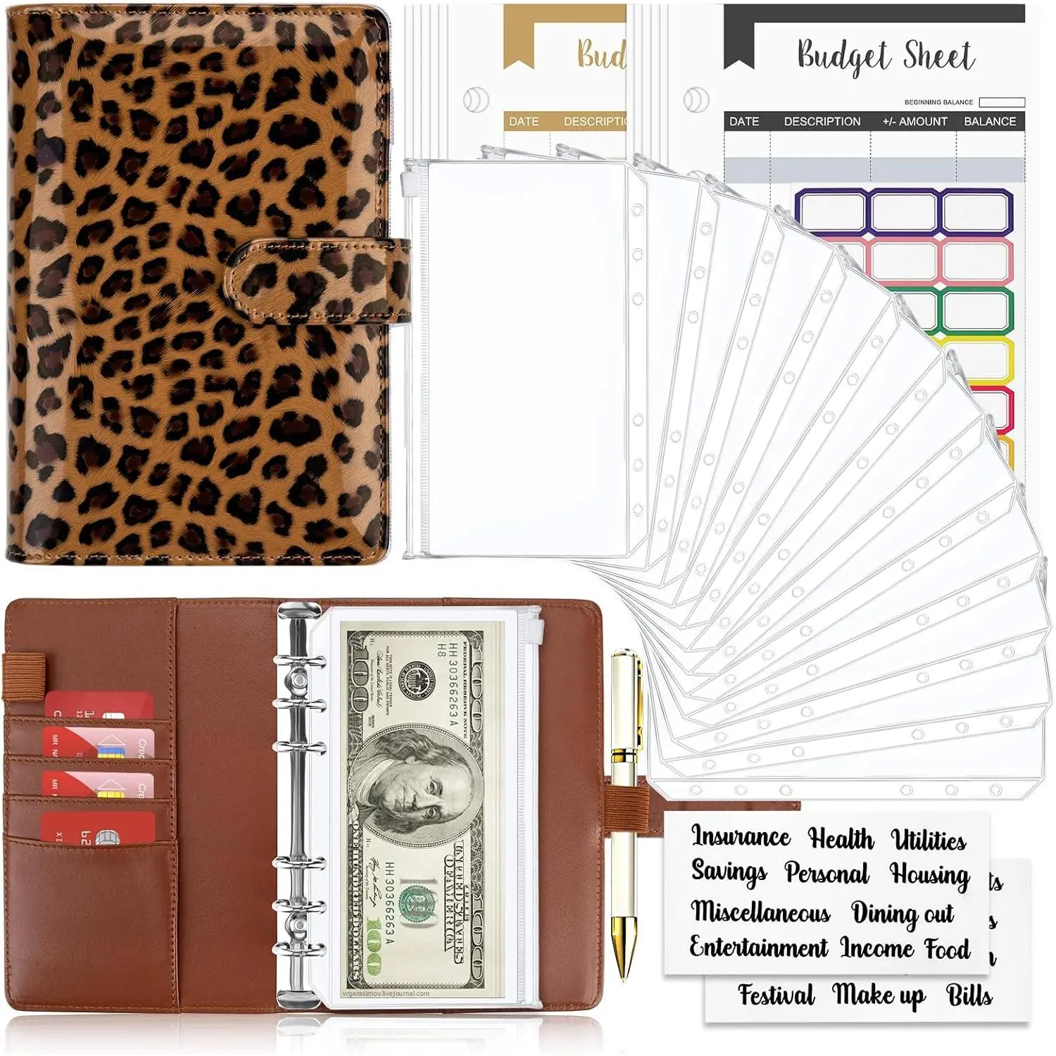 Budget Binder with Zipper Envelopes,  Organizer for , 28 count with Leopard Print Brown  Envelopes