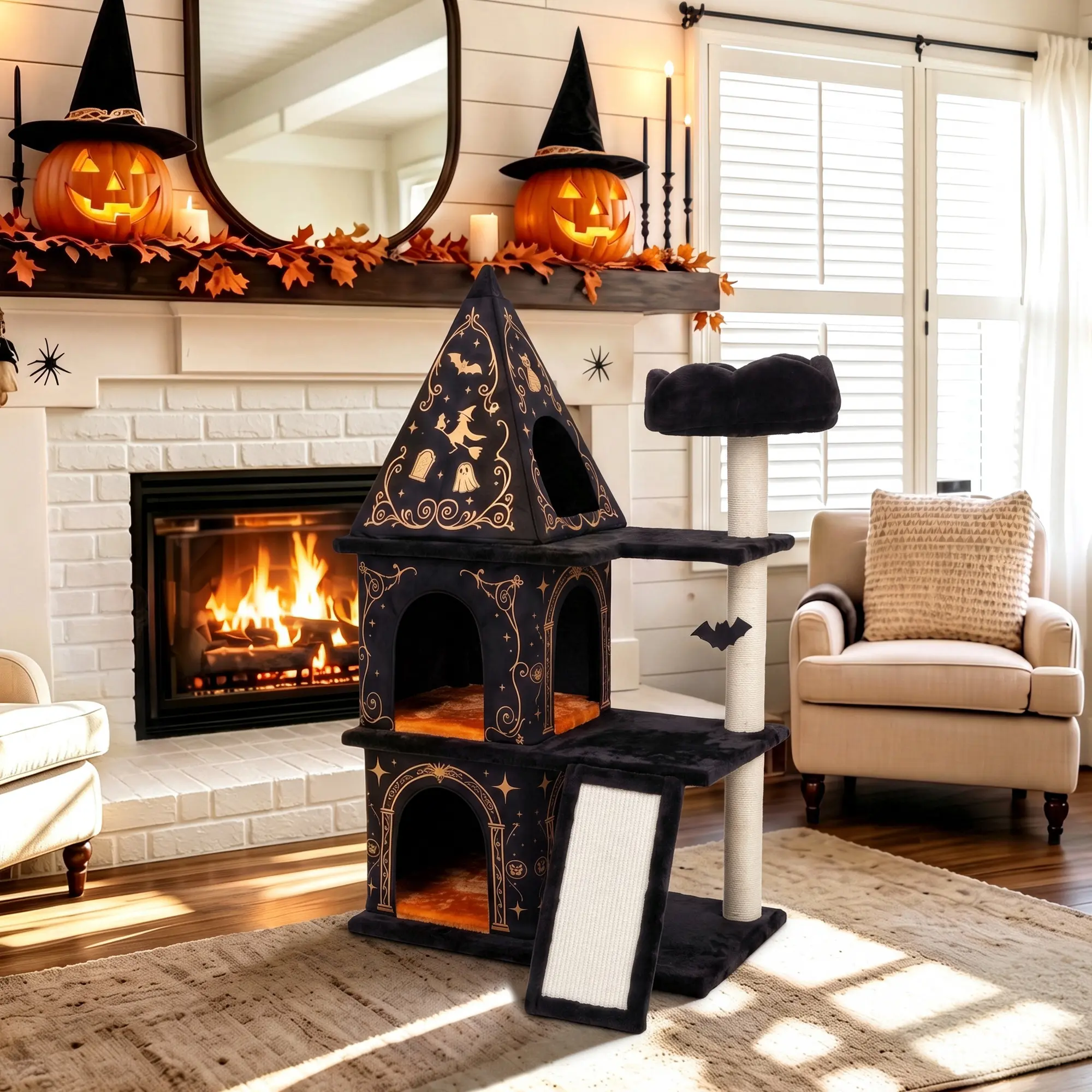 HOOMIC 43in/47in Halloween Cat Tree, 3-Level Gothic Cat Tower with 2 Condos, Sisal Scratching Posts & Ramp, Spooky Black Cat Activity Center with Dangling Bat Toy for Indoor Cats