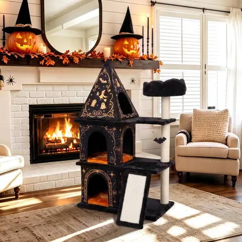 HOOMIC 43in/47in Halloween Cat Tree, 3-Level Gothic Cat Tower with 2 Condos, Sisal Scratching Posts & Ramp, Spooky Black Cat Activity Center with Dangling Bat Toy for Indoor Cats