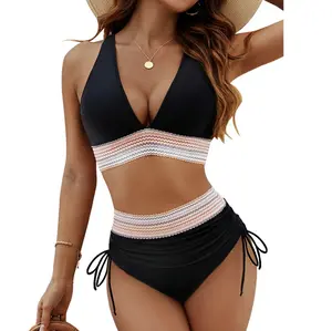 Women High Waisted Bikini Sets Tummy Control Swimsuits Color Block Two Piece Drawstring Bathing Suit