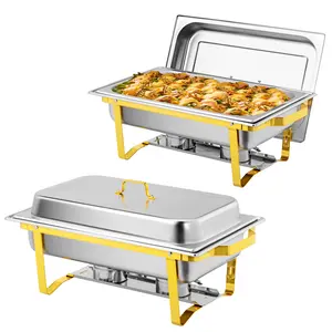 ROVSUN 2 Pack Gold Chafing Dishes for Buffet, 9QT High Grade Chafing Dish Buffet Set, Rectangular Stainless Steel Chafers and Buffet Warmers Sets for Parties Weddings Catering