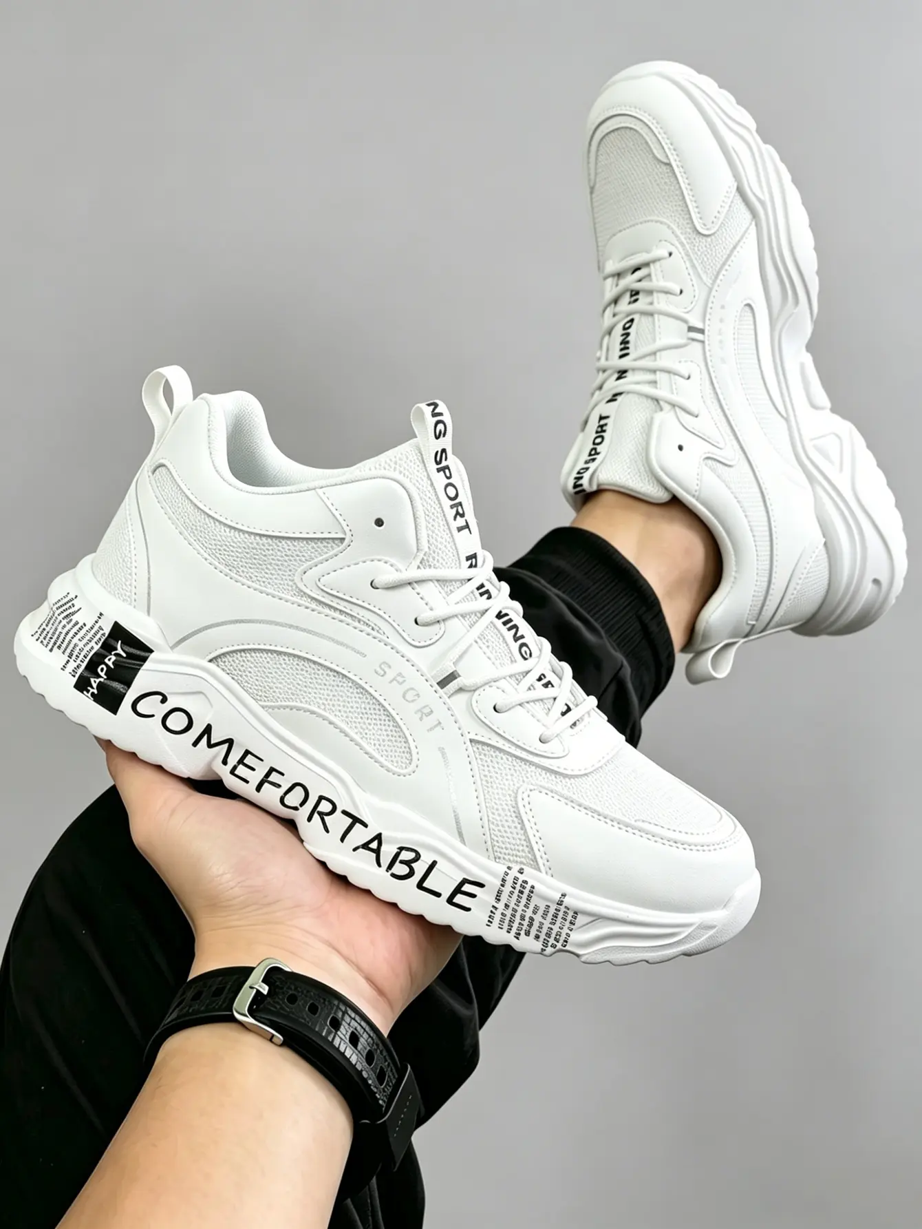 Men’s Mid-Top All White Letter Print Chunky Dad Sneakers, Breathable Mesh Platform Walking Shoes, Cushioned Non-Slip Mid Ankle Casual Trainers for Street, Commute & Light Hiking