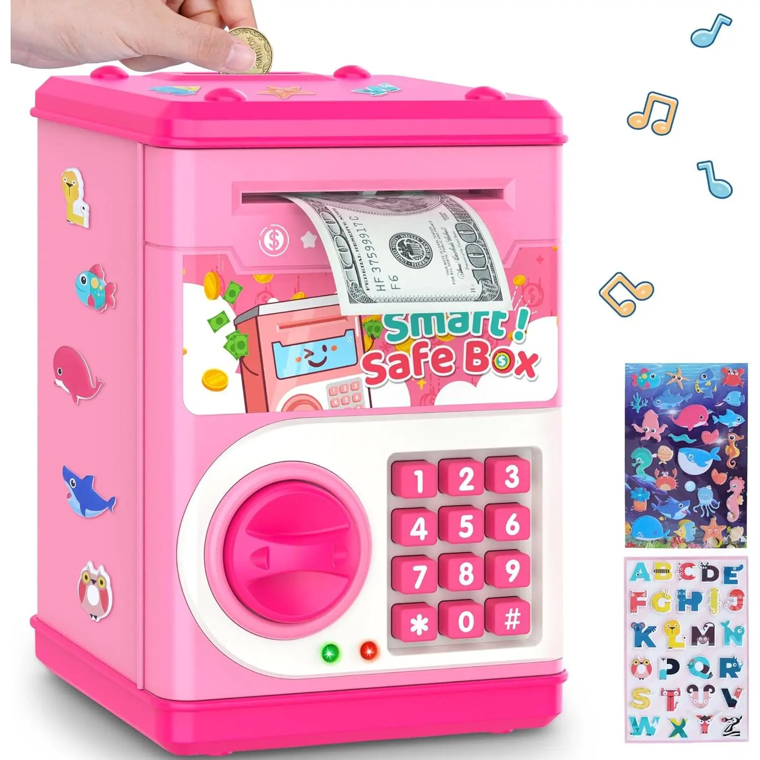 Pink Piggy Bank for Kids with Password Code Lock and Auto Grab Bill Slot, PhilaeEC Real Money Cash Coin Can Saving Box Electronic Money Safe Bank, Hot Gift for 4 7 8 9 10 11 Year Old Boys Girls