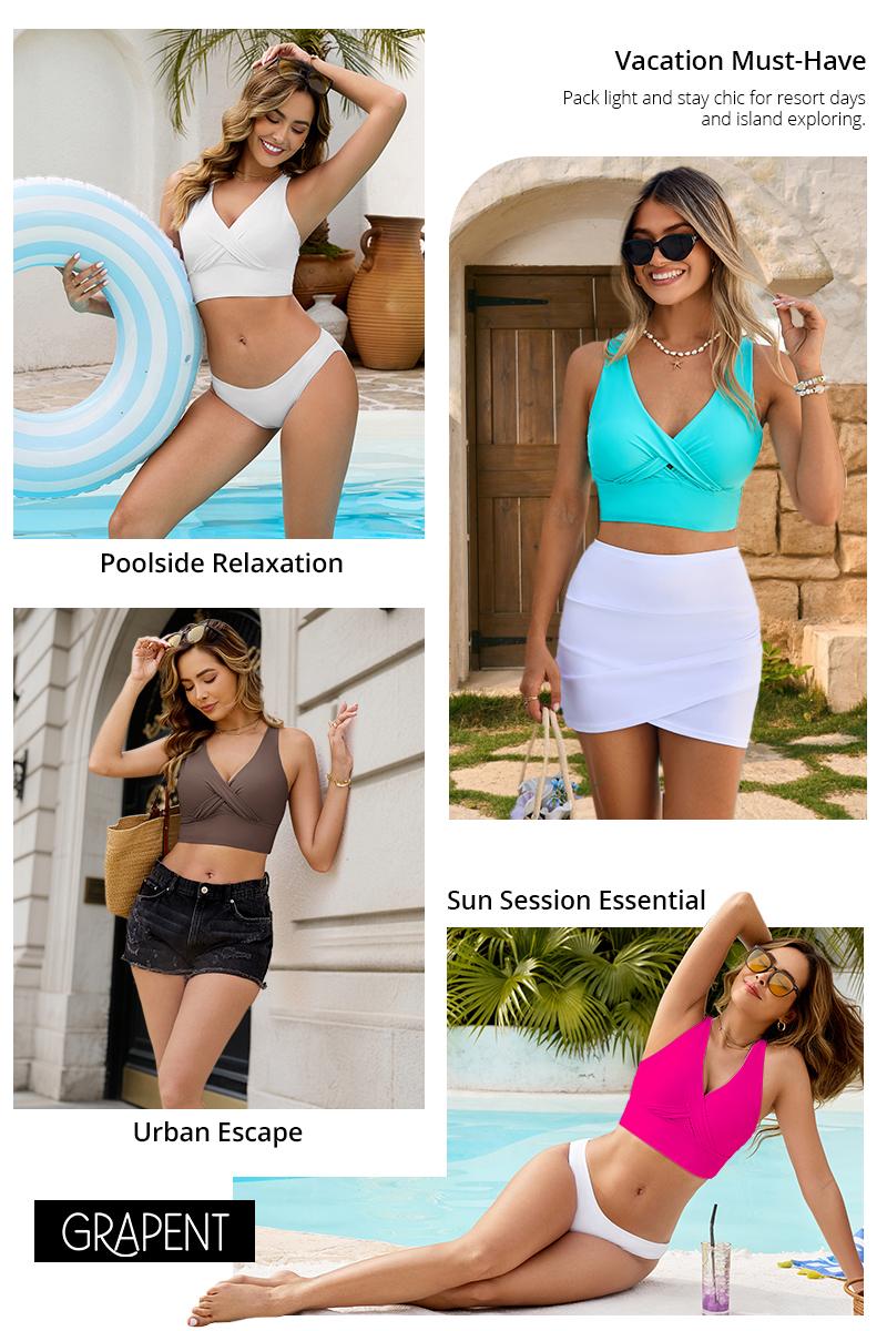 GRAPENT Bikini Top for Women Cropped Tankini Tops Beach Vacation Criss Cross Ruched Padded Bathing Suit Swim Top Only