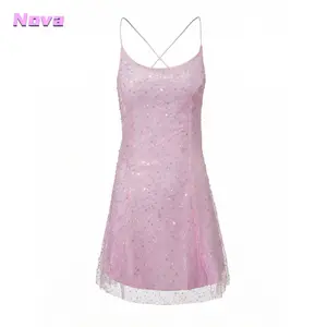 Women Mini Dress Sequins Sleeveless Spaghetti Strap Cami Dress Summer Backless Fashion A-line Dress outfits