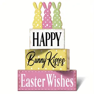 4pcs Easter Wooden Decorative Plaques and Ornaments Tabletop Tray Decor Home and Festival Fits Living Rooms Bedrooms Offices Great Gifts for Valentine's Day Easter Birthdays Anniversaries Indoor Home Decoration