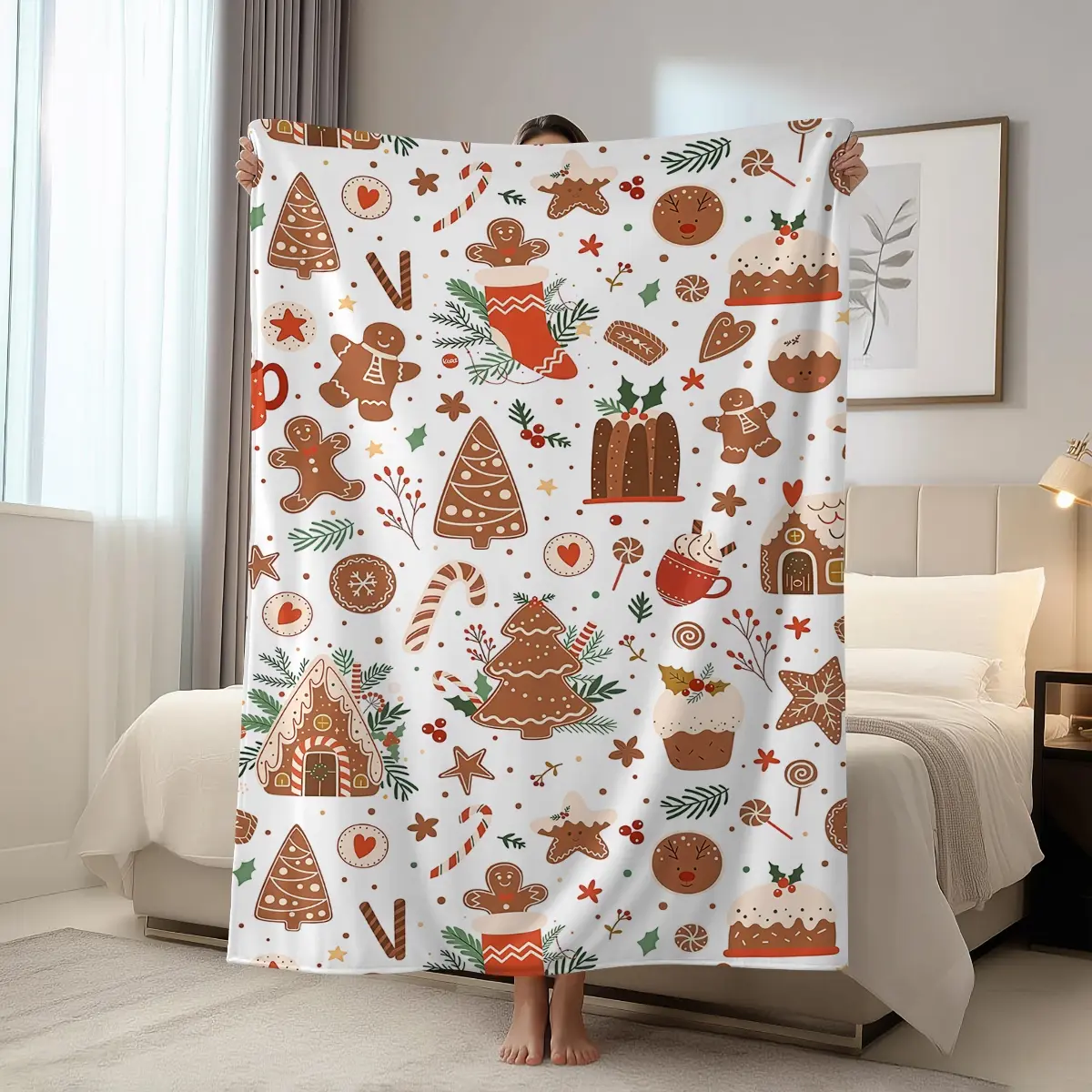 1pc Cute gingerbread man Christmas blanket, Christmas tree, Santa Claus, reindeer pattern printed bed blanket, comfortable soft flannel warm cover blanket, suitable for Christmas sofas, beds, offices, camping covers, perfect Christmas gift blanket
