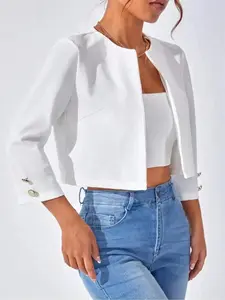 Women Solid Round Neck Blazer 2026 Casual 3 4 Sleeve Outerwear Work Office Business Ladies All Seasons