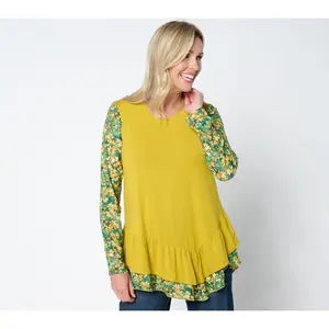 LOGO by Lori Goldstein Long Sleeve Scoop Neck Lace Mix Top