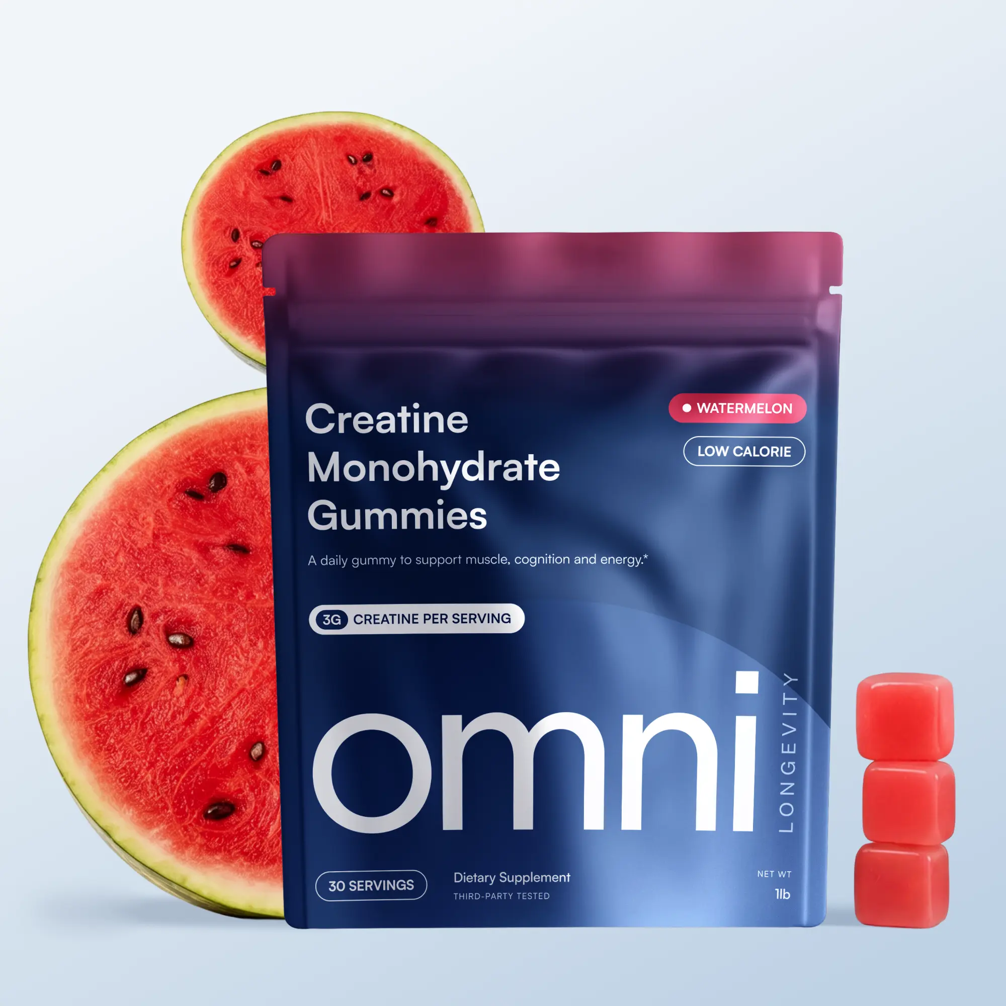 OMNI Creatine Monohydrate Gummies - Supports Muscle Growth Recovery & Brain Function - 1g per Gummy Low Sugar - 90 Count - Watermelon & Peach Flavor - Natural Fuel Supplements Fitness
