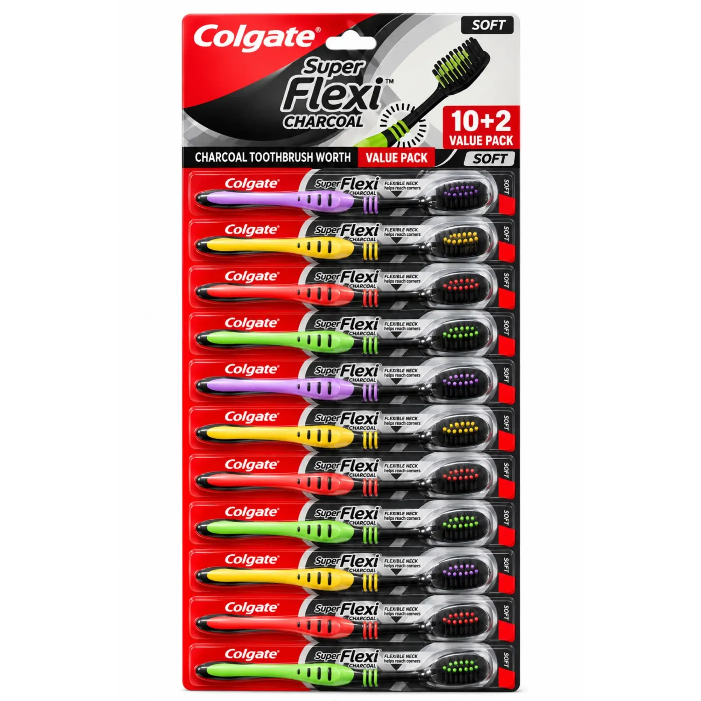 Colgate Super Flexi Charcoal Soft Toothbrush 12 Count Card Assorted Colors