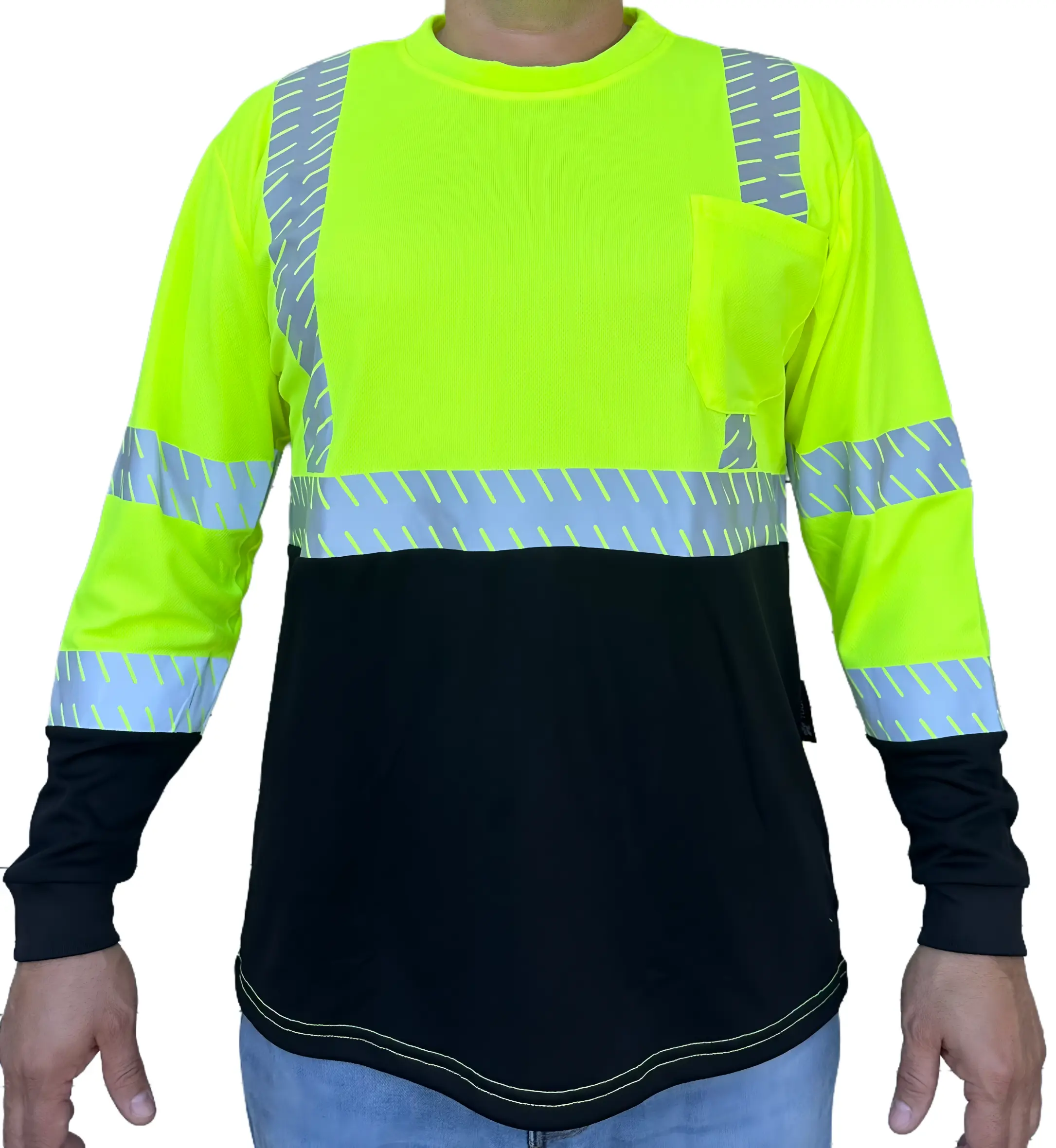 Crew Yellow Safety Shirt Reflective High Visibility ANSI Class 3/Level 2 Type R Long Sleeve 100% Polyester Birds-Eye Mesh with 2" Segmented Heat Transfer Reflective Tape - Construction Gear Safetyshirt Safetyshirt Safetyshirt