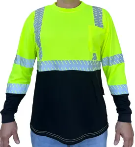 Crew Yellow Safety Shirt Reflective High Visibility ANSI Class 3/Level 2 Type R Long Sleeve 100% Polyester Birds-Eye Mesh with 2" Segmented Heat Transfer Reflective Tape - Construction Gear