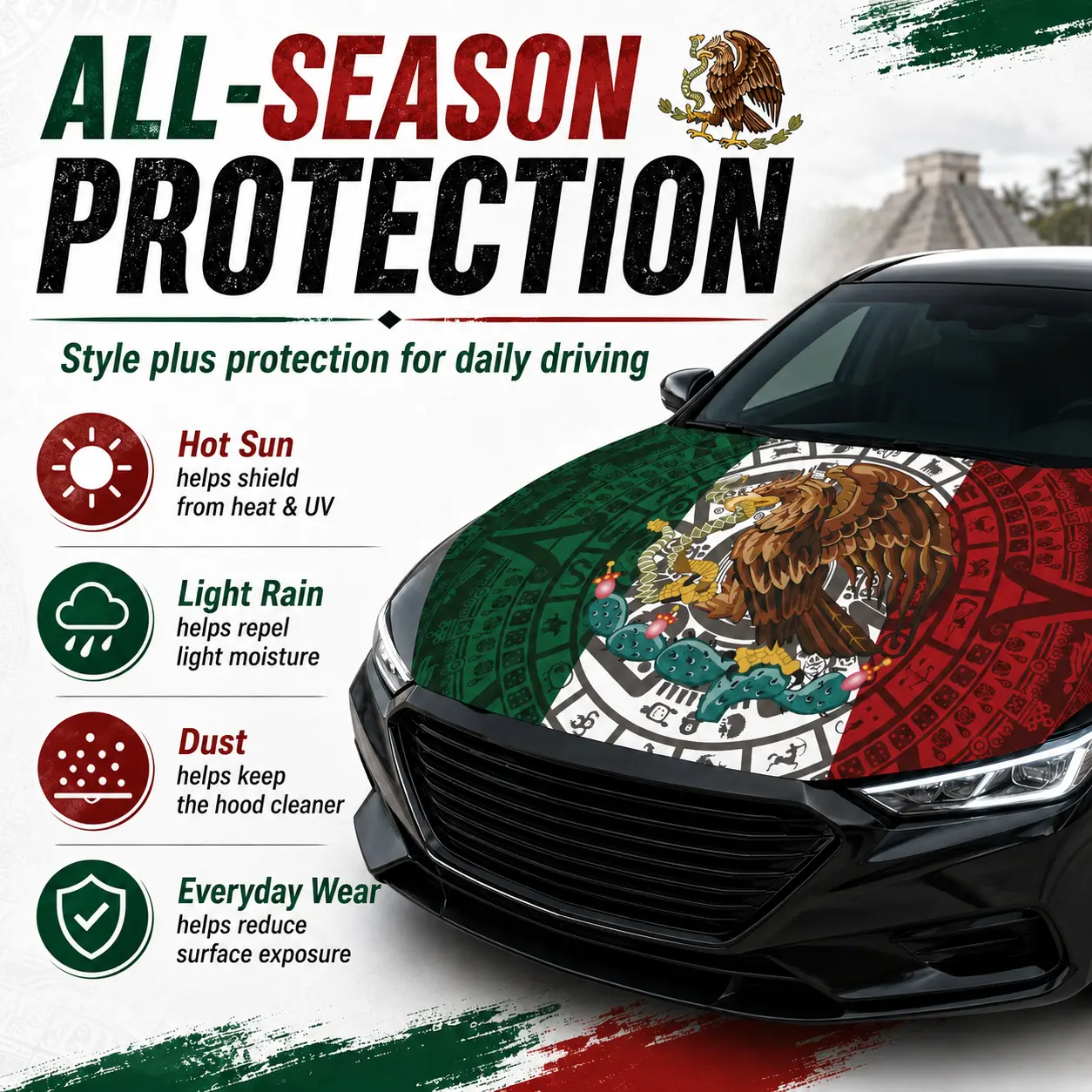 Mexican Flag Aztec Design Car Hood Cover - Universal Fit for Most Trucks & SUVs, Automotive Exterior Accessory, Patriotic Decoration for Holidays & Celebrations