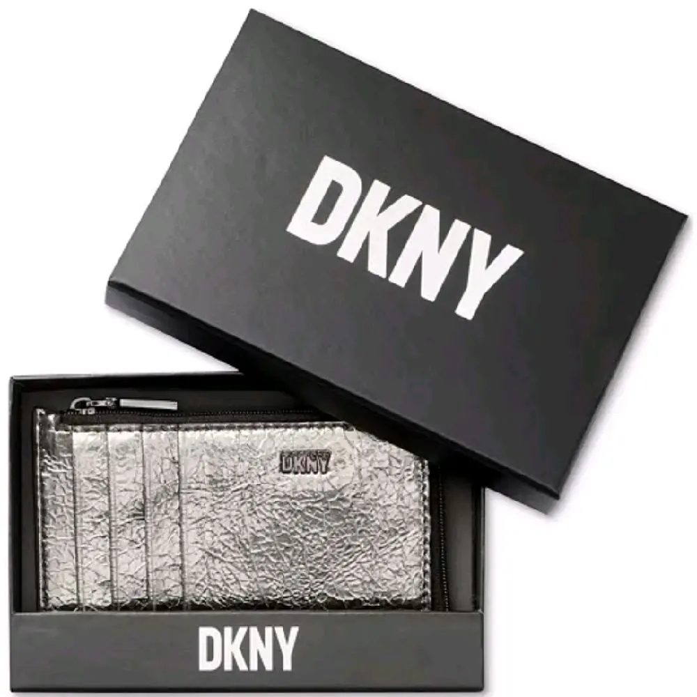 DKNY Zippered Wallet in Pewter Silver with Zippered Closure, 4 Exterior Card Slots, 5-1/4"W x 3-1/4"H x 3/4"D, Polyurethane, Spot Clean