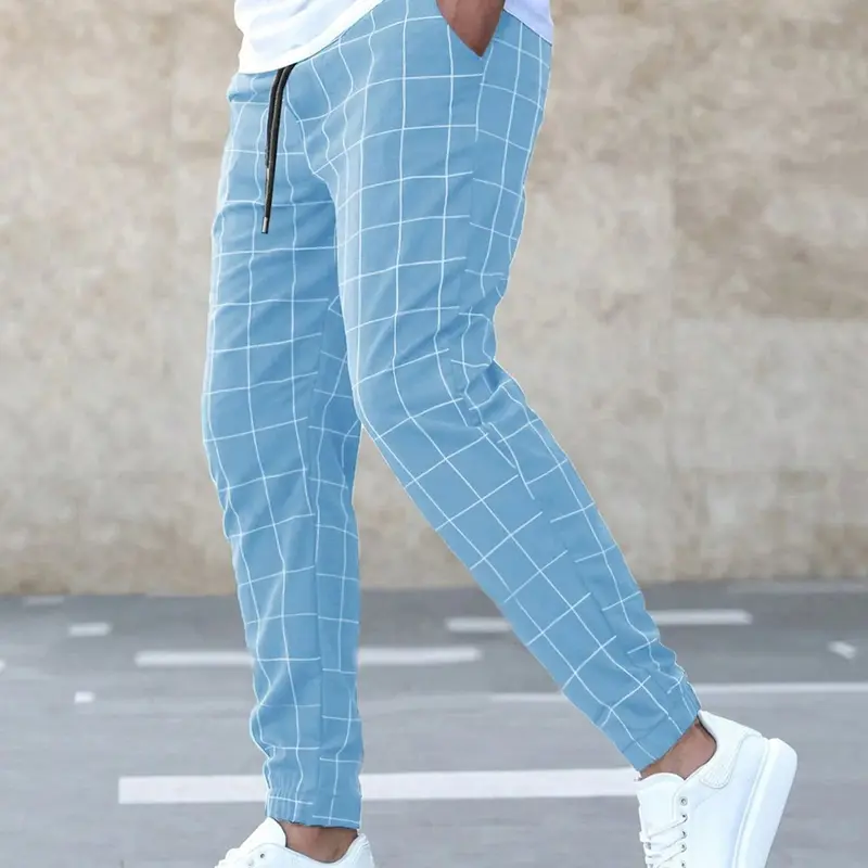A pair of men's casual sports trousers, Casual Slim Fit, Casual Fitted Style, plaid texture design, lightweight fabric, suitable for daily wear, Casual Pants, Casual Sporty Pants
