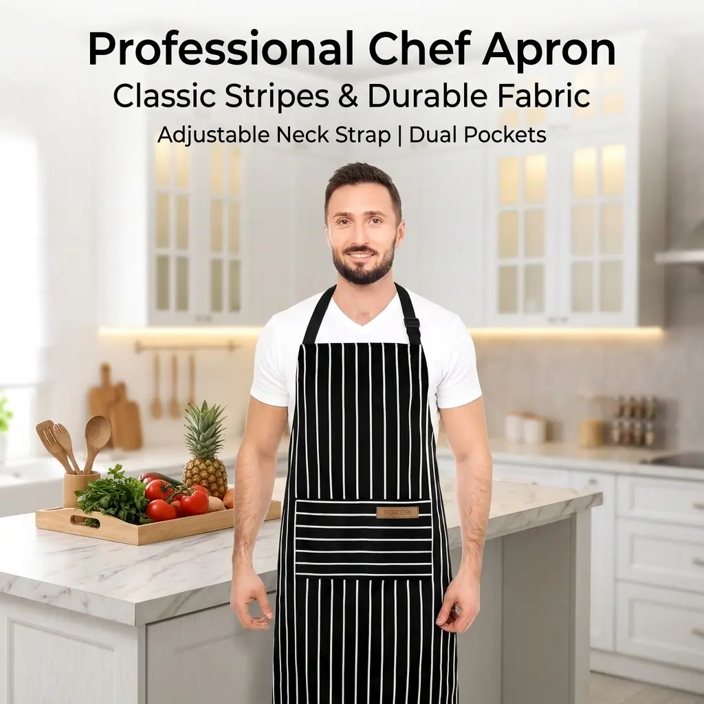 Cotton Custom Striped Apron - Adjustable, Stain-Resistant for Kitchen, Cafe Strap
