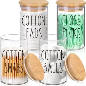4 Pack Qtip Holder with Lid Set, 10oz Clear Glass Canister Apothecary Jars Bathroom Organizers and Storage Accessories Vanity Essential Containers for Cotton Swab, Cotton Ball, Cotton Pads, Floss Pick