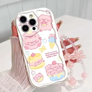 Cute Pig Pattern Tpu Phone Case with Lanyard, Shockproof Wave Edge Design, Compatible with Apple Models 11-17 Pro Max, Perfect Gift for Girls