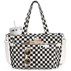 Bagstellar Corduroy Tote Bag for Women, 15.6 inch Laptop Work Tote Bags for School College with Large Cup Holder, Durable Zipper Corduroy Casual Tote Purse Shoulder Organiser for Student, Work, Daily, Travel, Gym